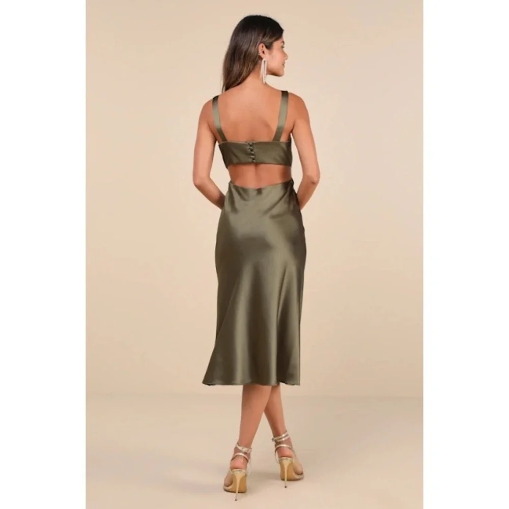 Lulus Olive Green Satin Cutout V-Neck Midi Dress NWT Size Small - Picture 2 of 7